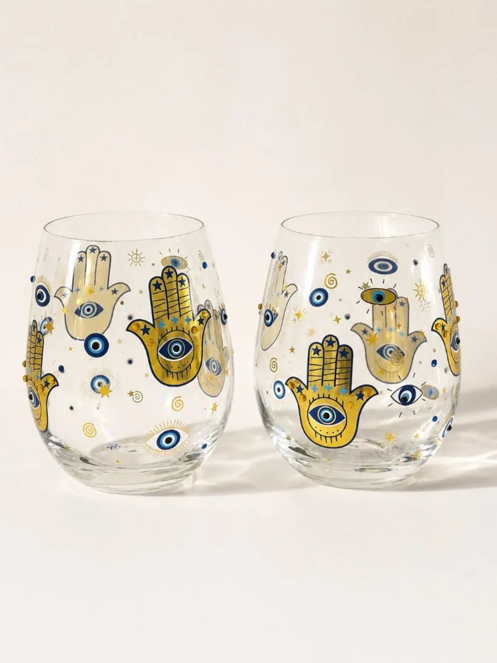 LOVE + LIGHT Wine Glasses Set Of 2 Hamsa Stemless Hamsa Evil Eye Stemless